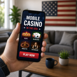 American guy playing legal mobile casino games on his phone