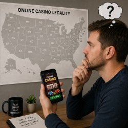 man checking which US States are legal for real money mobile gambling